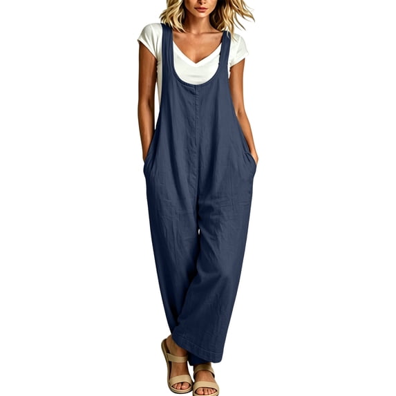 Casual Sleeveless Jumpsuits for Women Loose Wide Leg Long Rompers with Pockets Loungewear Summer Overalls Navy, S