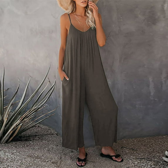 Casual Sleeveless Jumpsuits for Women Suspender Rompers Loose Long Overalls Pants Wide Leg Romper Pants with Pockets