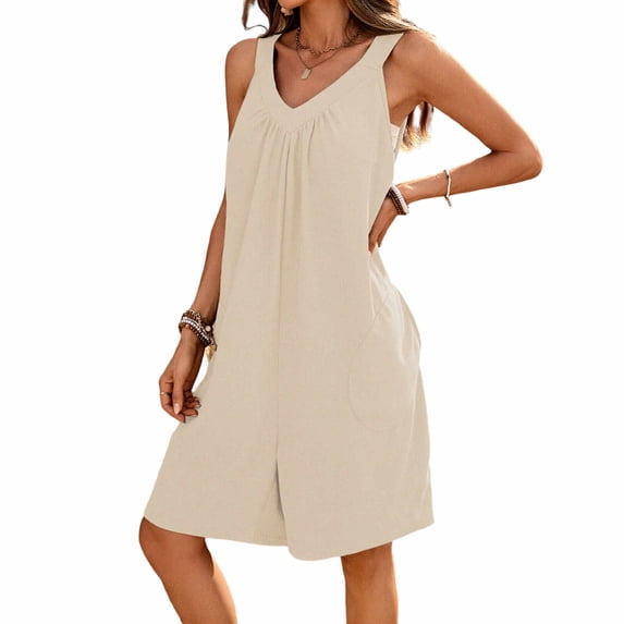 Casual Sleeveless Rompers for Women Pleated Summer Cute Shorts Jumpsuits Loose Wide Leg Lounge Jumpsuit Jumper Beige, S