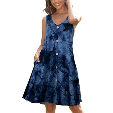 Casual Sleeveless Sun Dress with Pockets for Women, CRAYNER T Shirt Dresses Loose Flowy Summer Tank Top Cover ups Knee Length , S