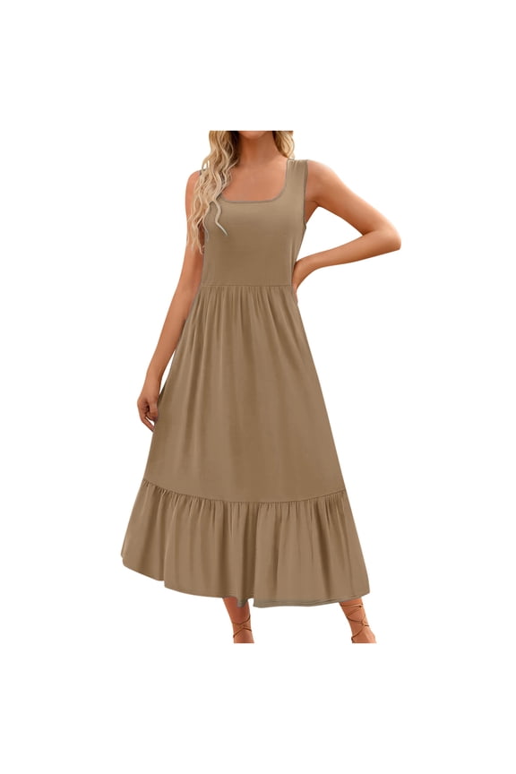 Casual Sleeveless Tank Maxi Dress for Women Scoop Neck Empire Waist with Pockets Khaki,M
