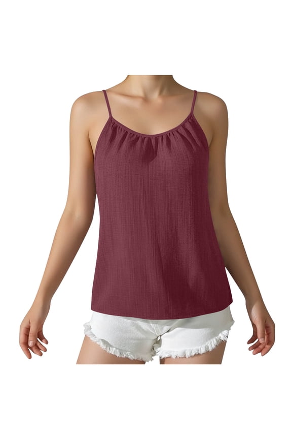 Casual Sleeveless Women's Linen-Blend Camisole Adjustable Strap Ruched Front Back Tank Top Soft Spring Summer Daily Shirts