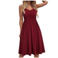 thumbnail image 1 of Casual Slip Dresses for Women Sleeveless Cotton Summer Beach Dress A Line Ruched Spaghetti Strap Knee Length Sundresses with Pockets, 1 of 7