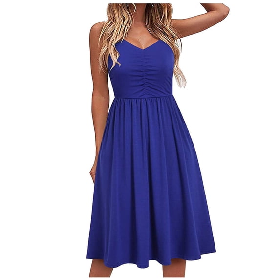 Casual Slip Dresses for Women Sleeveless Cotton Summer Beach Dress A Line Ruched Spaghetti Strap Knee Length Sundresses with Pockets