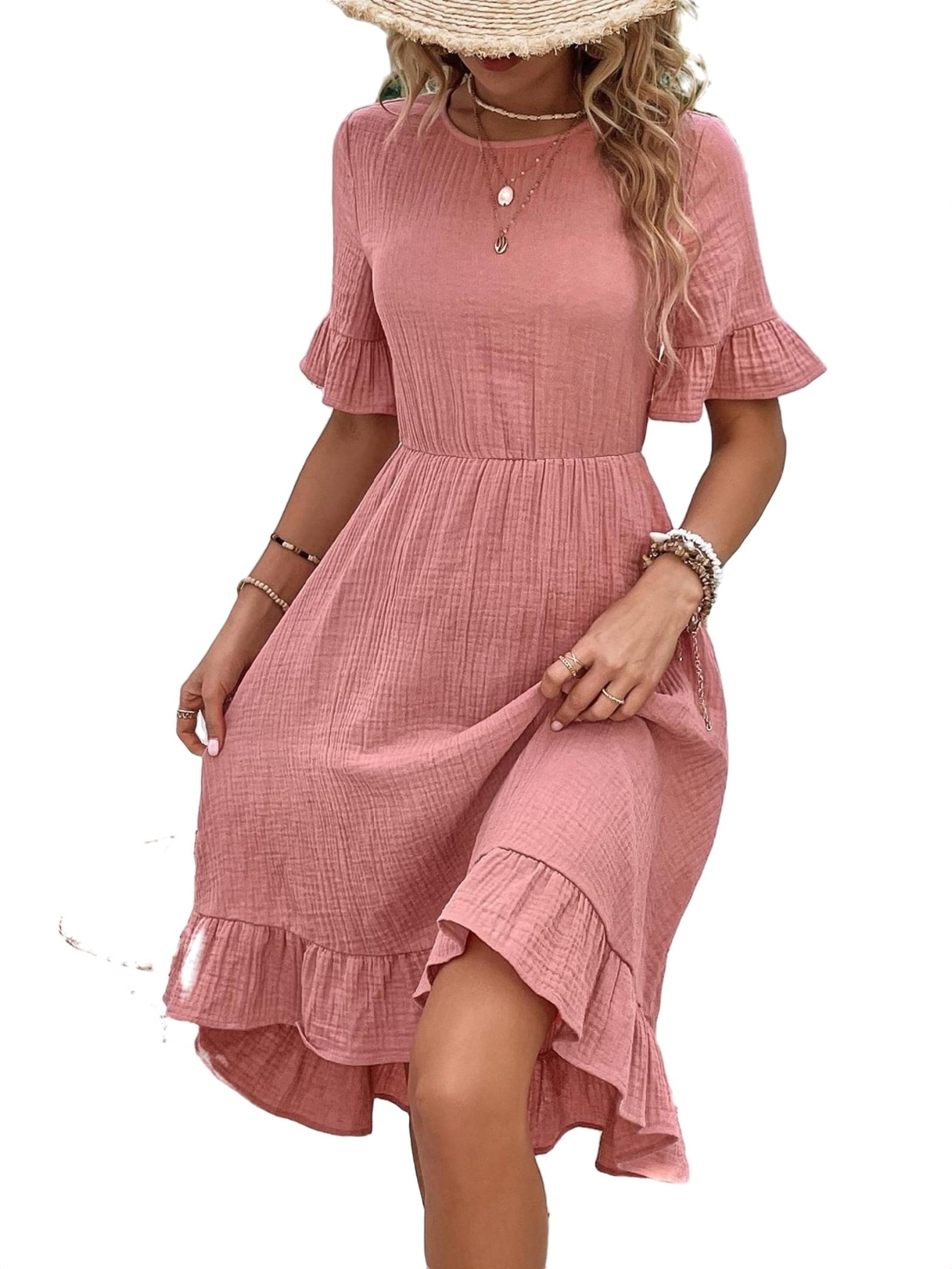 Casual Solid A Line Dress Round Neck Dusty Pink Women Dresses