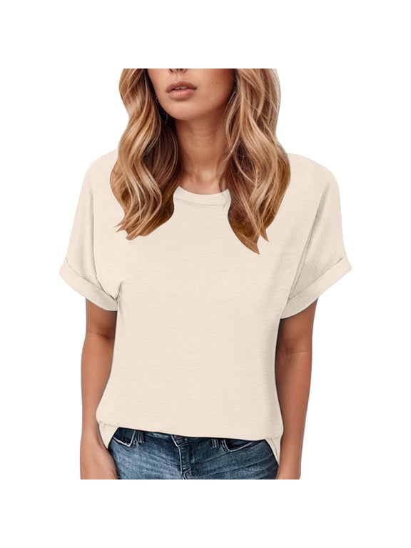 Casual Solid Basic T Shirts for Women Crew Neck Short Sleeve Pull On Tee Regular Fit Everyday Wear Simple Tops