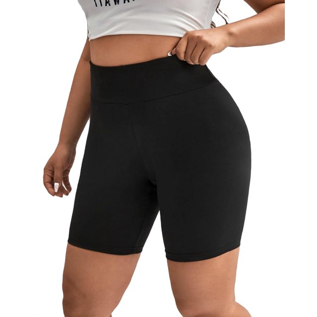 Casual Solid Biker Shorts Black Plus Size Leggings (Women's Plus)
