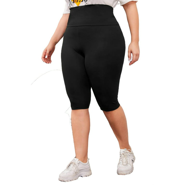 Casual Solid Biker Shorts Black Plus Size Leggings (Women's)