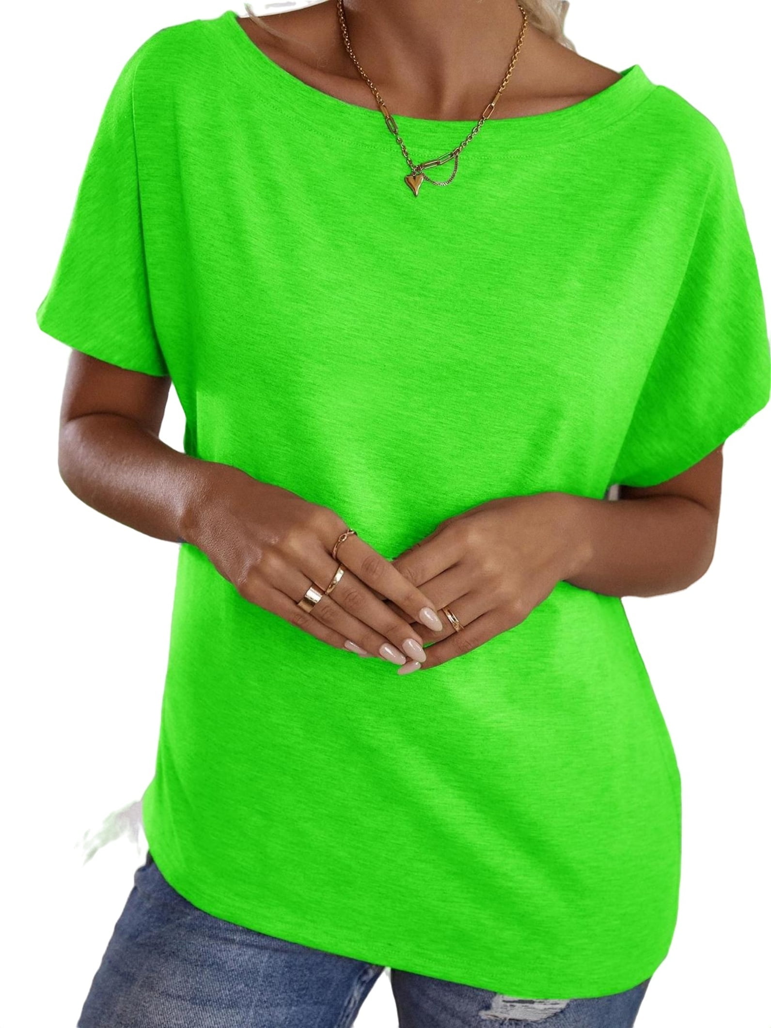 Casual Solid Boat Neck Short Sleeve Lime Green Women TShirts (Women's