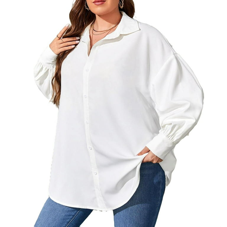 Casual Solid Collar Shirt Long Sleeve White Plus Size Blouses (Women's)