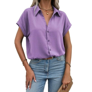 Casual Solid Collar Shirt Short Sleeve Purple Color Women Blouses (Women's)