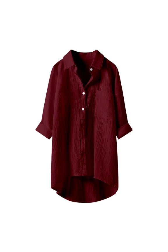 Casual Solid Color Button Up Collared 3/4 Sleeve T Shirt Top for Women Stylish, Comfortable, Easy to Pair, Hand Wash Cold
