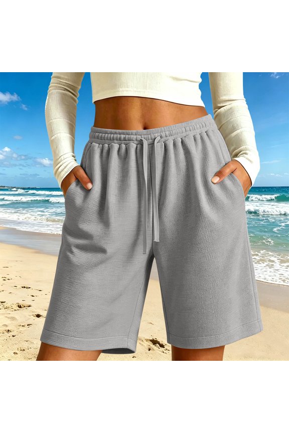 Casual Solid Color Drawstring Shorts, Double Pocket 5 Inch Bottoms, Womens Summer Casual Solid Color Versatile Double Pocket Drawstring Five Quarter Pants