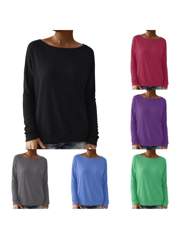 Casual Solid Color Hoodless Pullover Sweatshirt Soft Comfortable Long Sleeve Crewneck Fall Winter Fashion for Everyday Wear Medium Weight Hoodie Baggy Top Jacket Women Distressed Sweat Shirts Crop