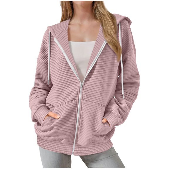 Casual Solid Color Jackets for Women Long Sleeve Lightweight Outwear Coats with Pockets Women's Full Zip Up Hoodie Long Sleeve Hooded Sweatshirts Jacket Coat for Women Hiking Jacket