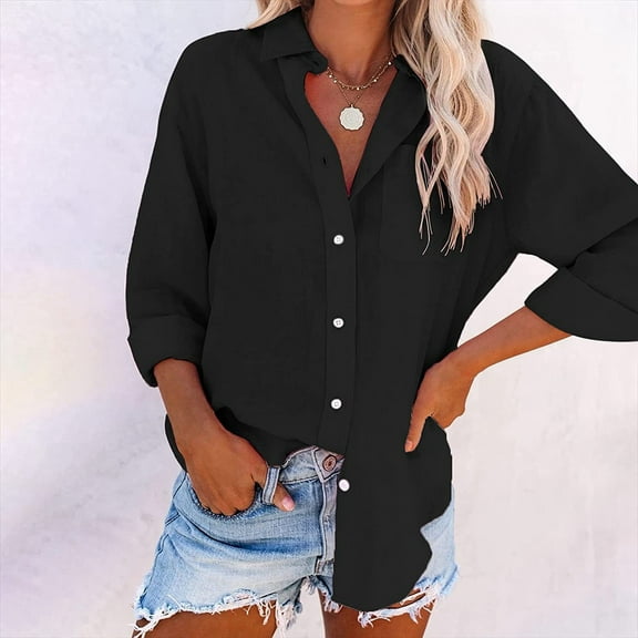 Casual Solid Color Long Sleeve Button Up Shirt With Pockets For Women Loose Fit Comfortable And Versatile Style Oversized Linen Shirts for Women Women Button up Blouse Vacation Top Long Sleeve Shirt