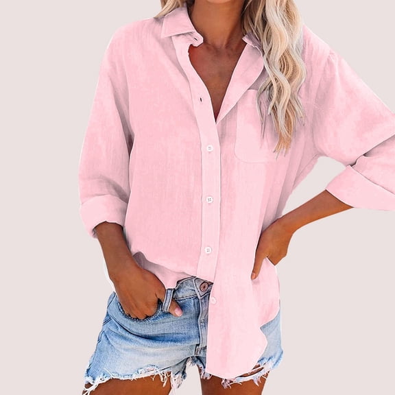 Casual Solid Color Long Sleeve Button Up Shirt With Pockets For Women Loose Fit Comfortable And Versatile Style Oversized Linen Shirts for Women Women Button up Blouse Vacation Top Long Sleeve Shirt