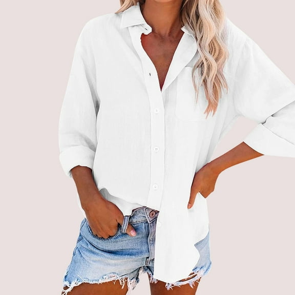 Casual Solid Color Long Sleeve Button Up Shirt With Pockets For Women Loose Fit Comfortable And Versatile Style Oversized Linen Shirts for Women Women Button up Blouse Vacation Top Long Sleeve Shirt