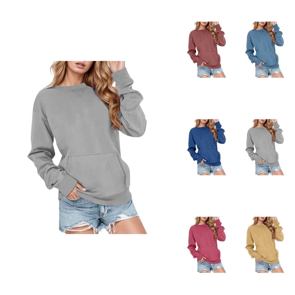 Casual Solid Color Pullover Sweatshirt Long Sleeve Crewneck Lightweight Pocket Hoodless Top for Women 2025