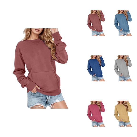 Casual Solid Color Pullover Sweatshirt Long Sleeve Crewneck Lightweight Pocket Hoodless Top for Women 2025