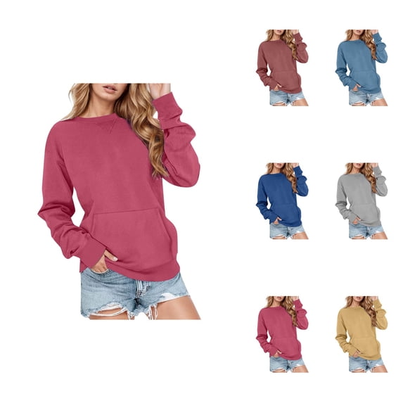 Casual Solid Color Pullover Sweatshirt Long Sleeve Crewneck Lightweight Pocket Hoodless Top for Women 2025