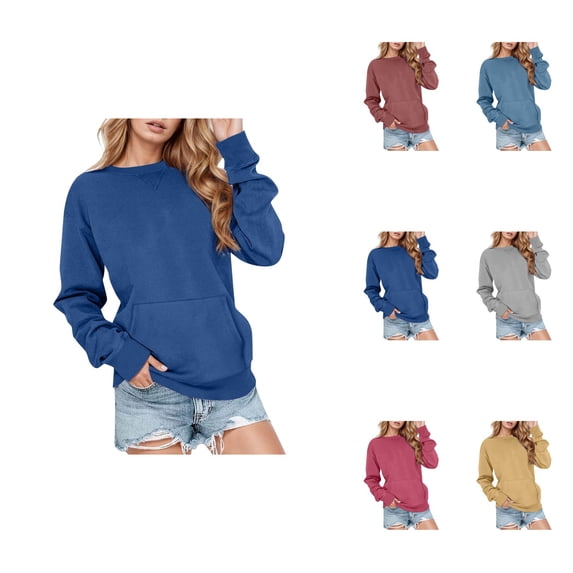 Casual Solid Color Pullover Sweatshirt Long Sleeve Crewneck Lightweight Pocket Hoodless Top for Women 2025