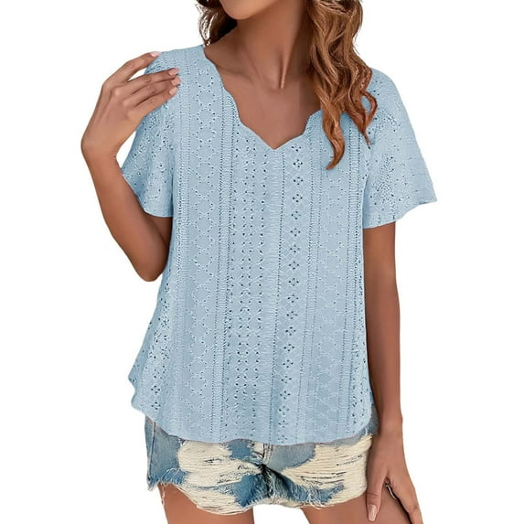 Casual Solid Color Tops, Scallops V Neck, Short Sleeved, Breathable, Polyester, Blue 5XL, Size S-XXXXXL