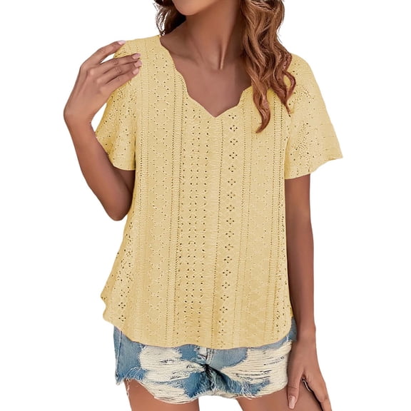 Casual Solid Color Tops, Scallops V Neck, Short Sleeved, Breathable, Polyester, Yellow M, Size S-XXXXXL