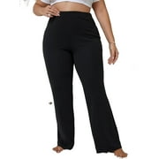Casual Solid Flare Leg Black Plus Size Pants (Women's)