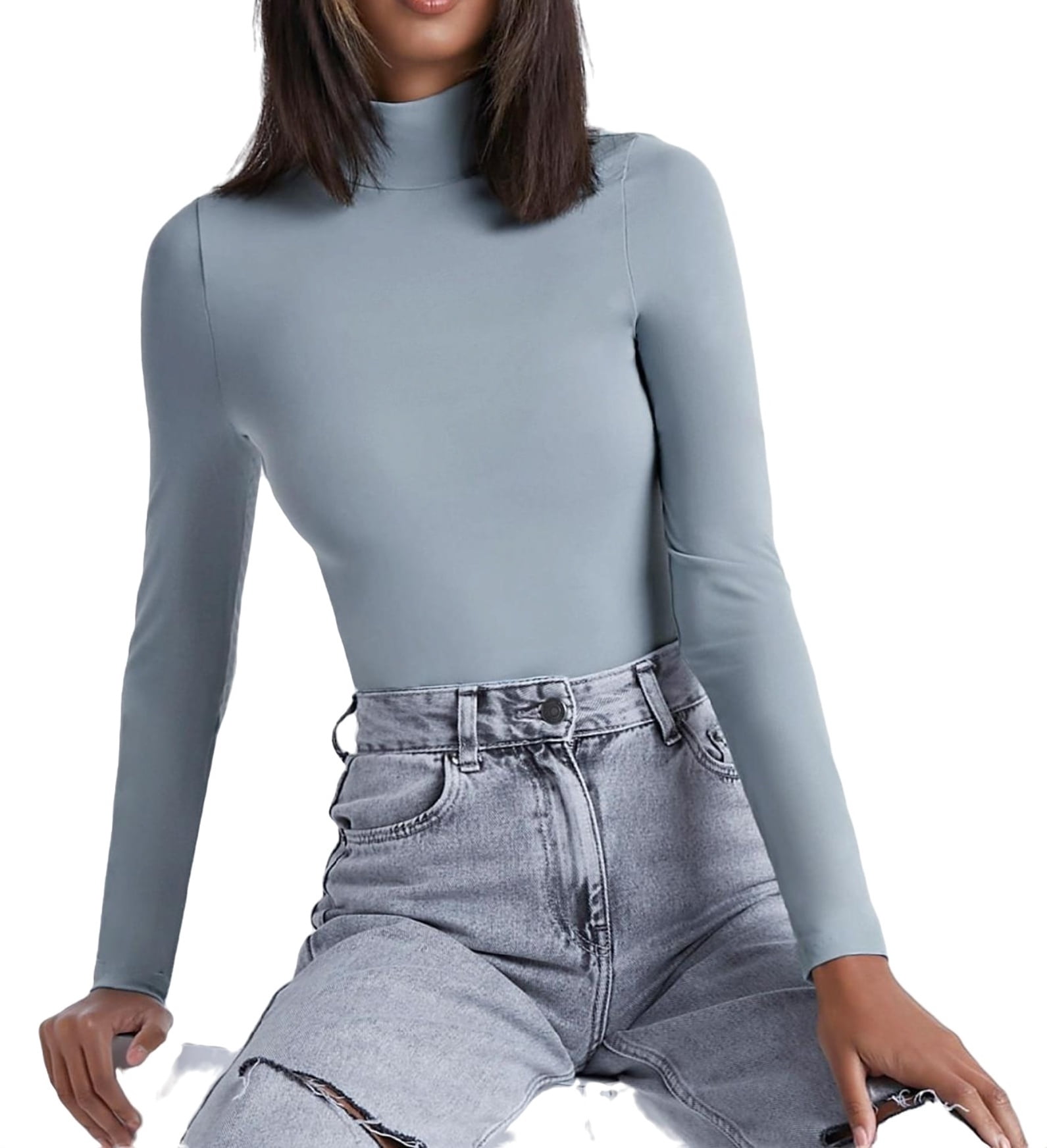 Casual Solid High Neck Fitted Tee Long Sleeve Baby Blue Women T-Shirts  (Women's) - Walmart.com