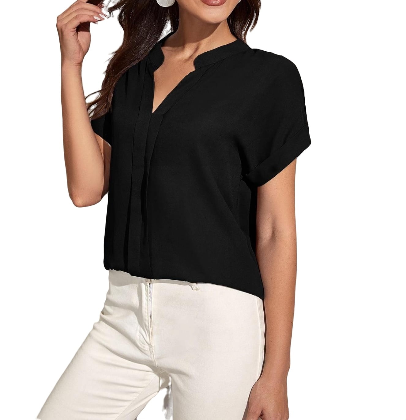 Casual Solid Notched Neck Blouse Short Sleeve Black Women s Blouses Women s