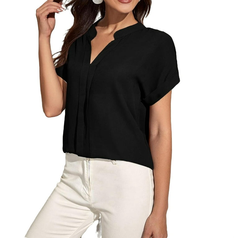 Casual Solid Notched Neck Blouse Short Sleeve Black Women's Blouses (Women's)  