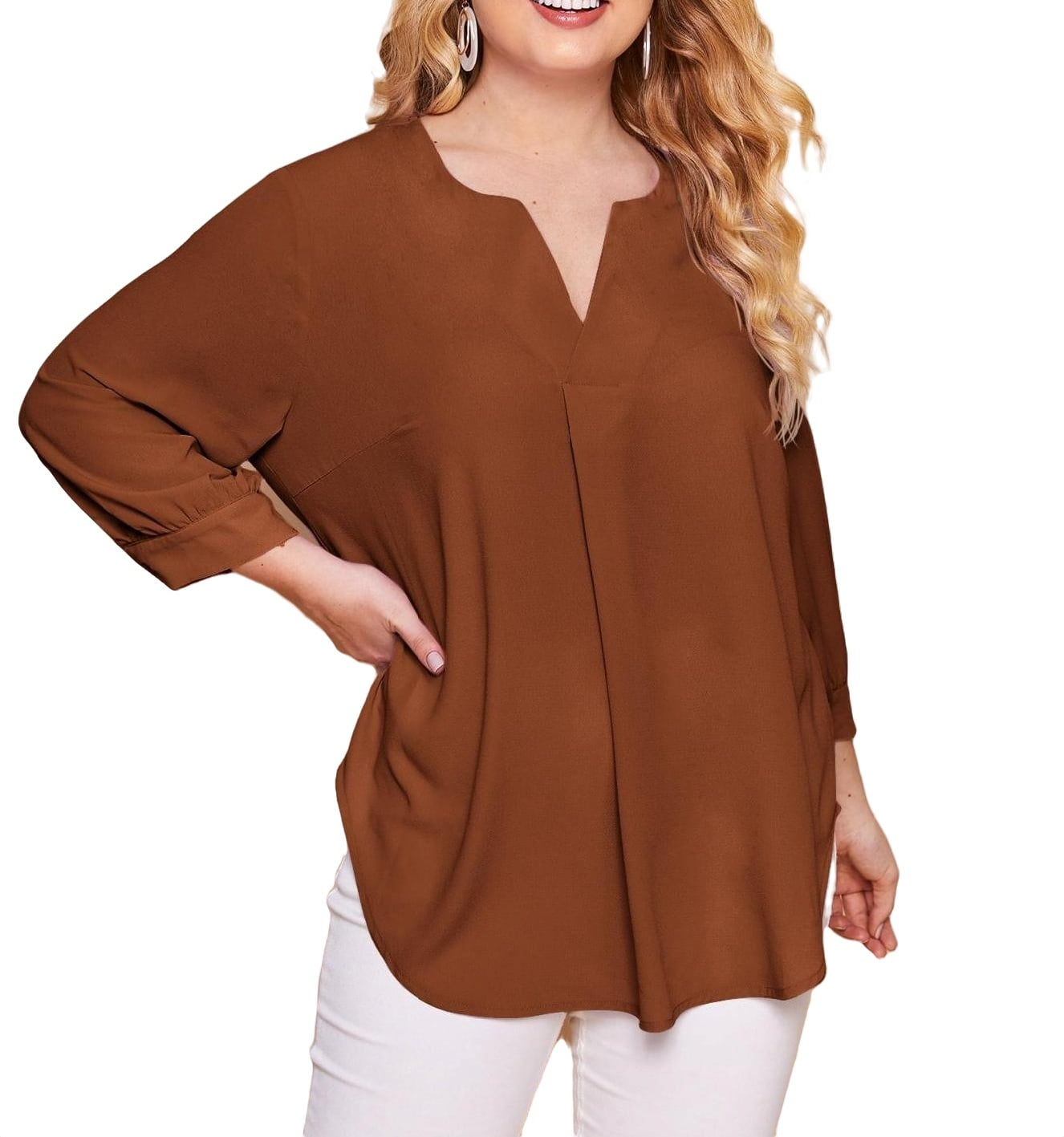 Casual Solid Notched Tunic 3/4 Sleeve Hot Pink Plus Size Blouses