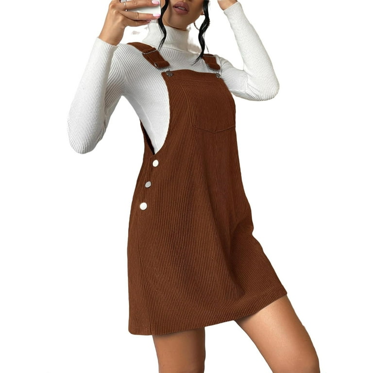 Casual Solid Pinafore Straps Coffee Brown Women Dresses