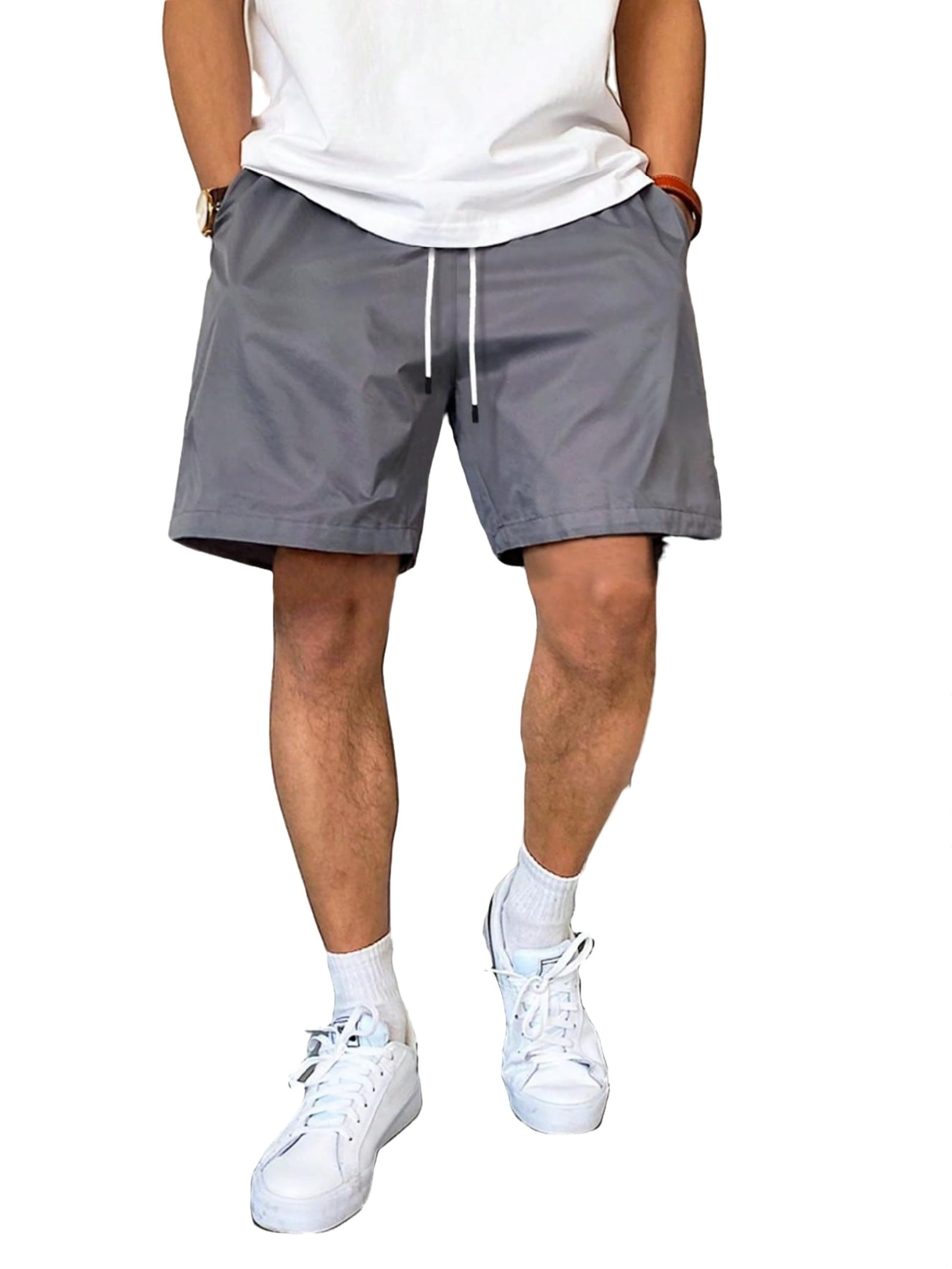 Casual Solid Pocket Straight Leg Dark Grey Men Shorts (Men's)