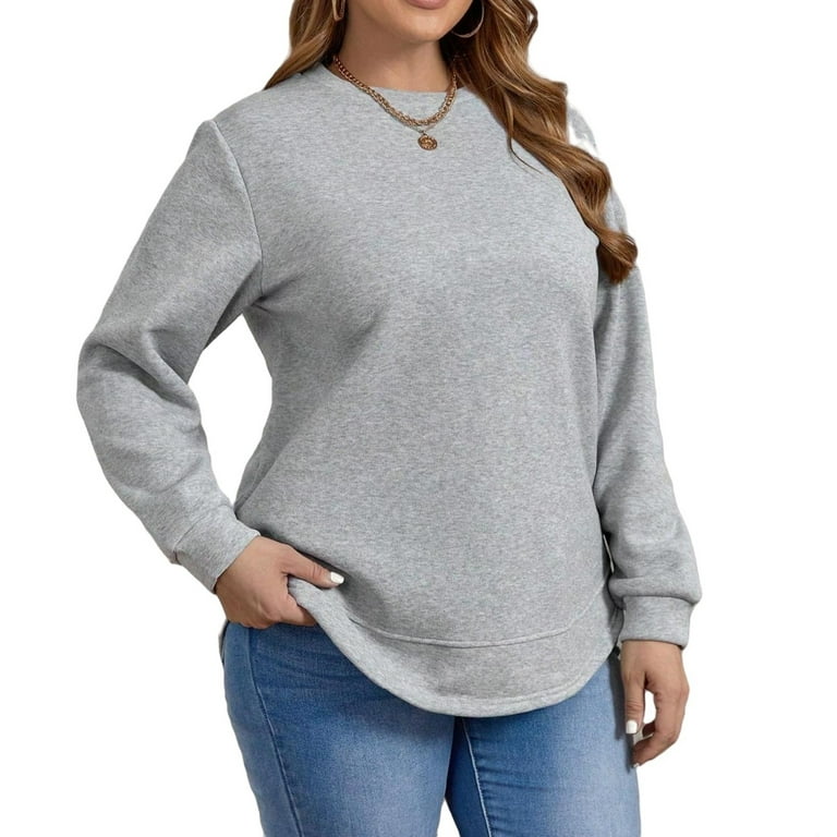 Casual Solid Pullovers Round Neck Grey Plus Size Sweatshirts