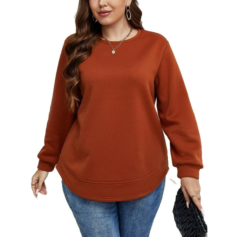 Casual Solid Pullovers Round Neck Orange Plus Size Sweatshirts