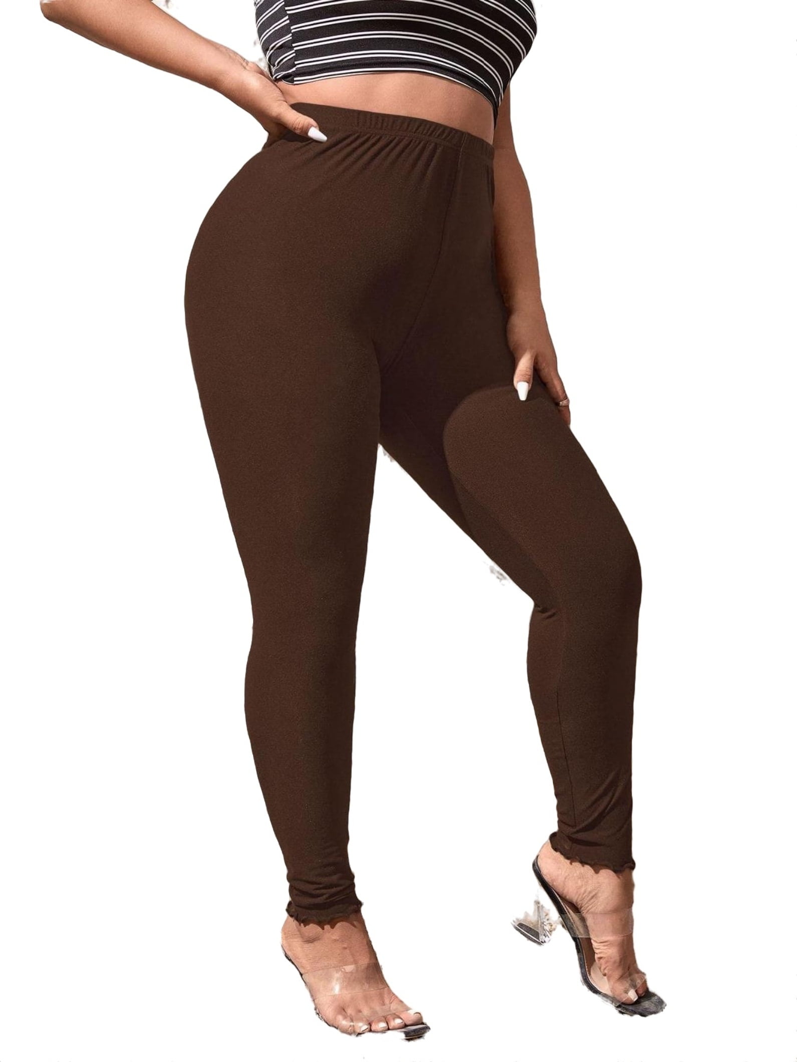 Casual Solid Regular Chocolate Brown Plus Size Leggings (Women's) 