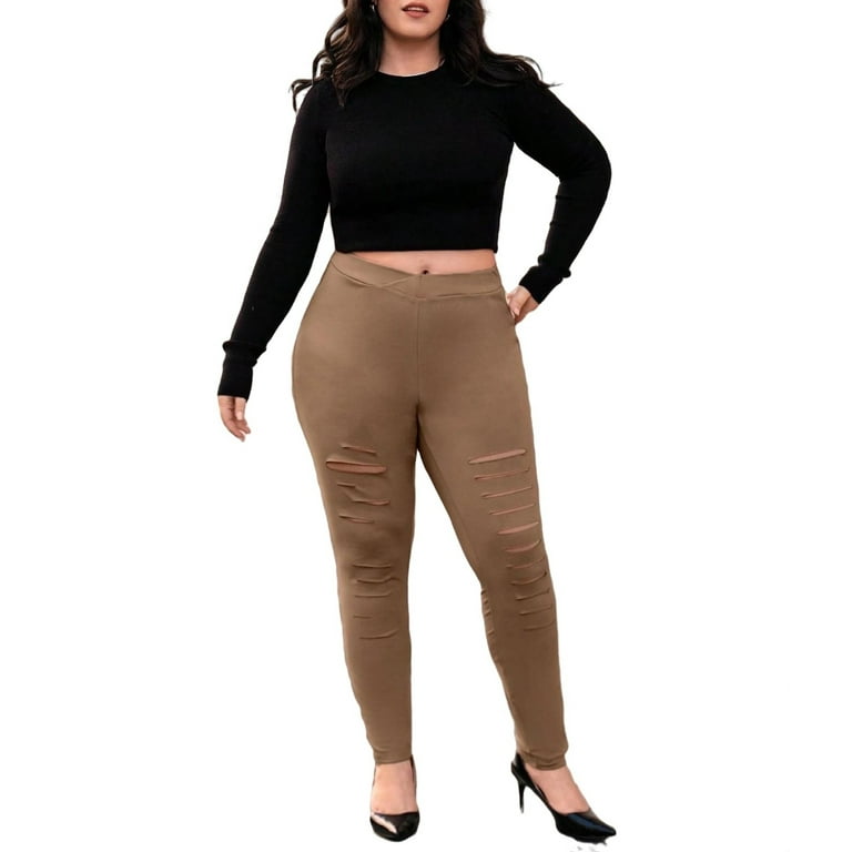 Casual Solid Regular Leggings Khaki Plus Size Leggings Walmart