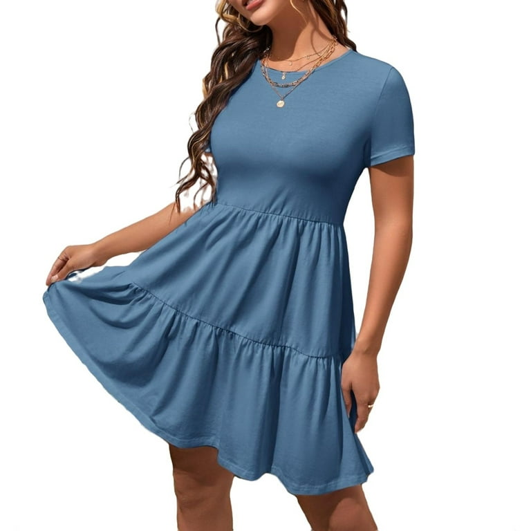 Casual Solid Round Neck A Line Short Sleeve Dusty Blue Women Dresses Women s