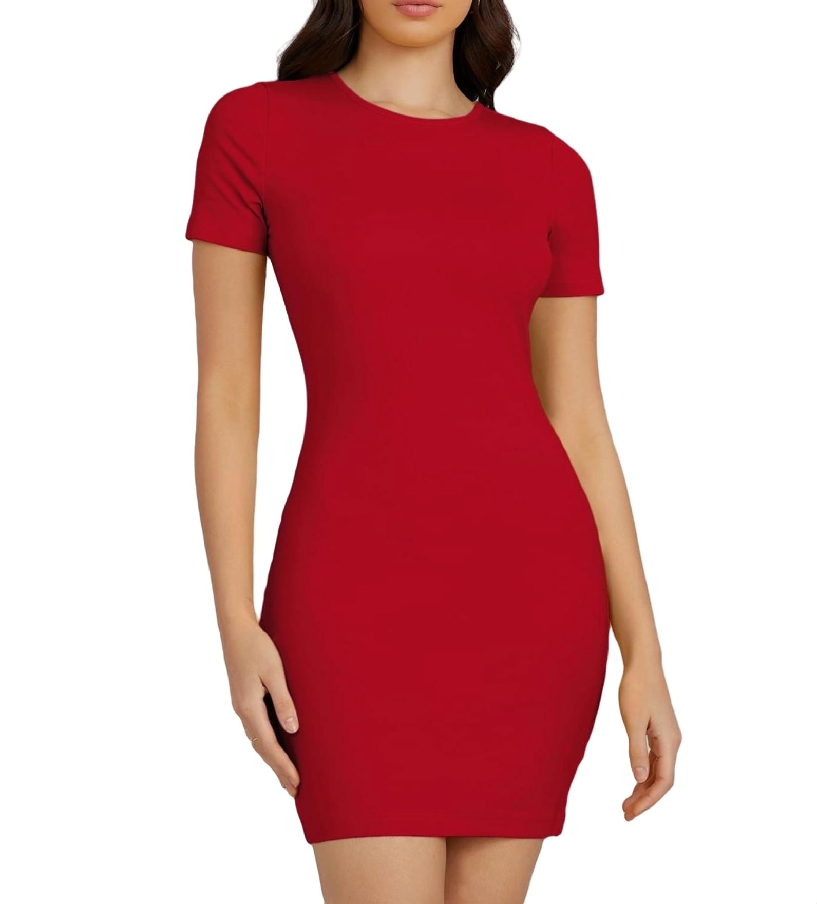 Casual Solid Round Neck Bodycon Dress Short Sleeve Red Women Dresses