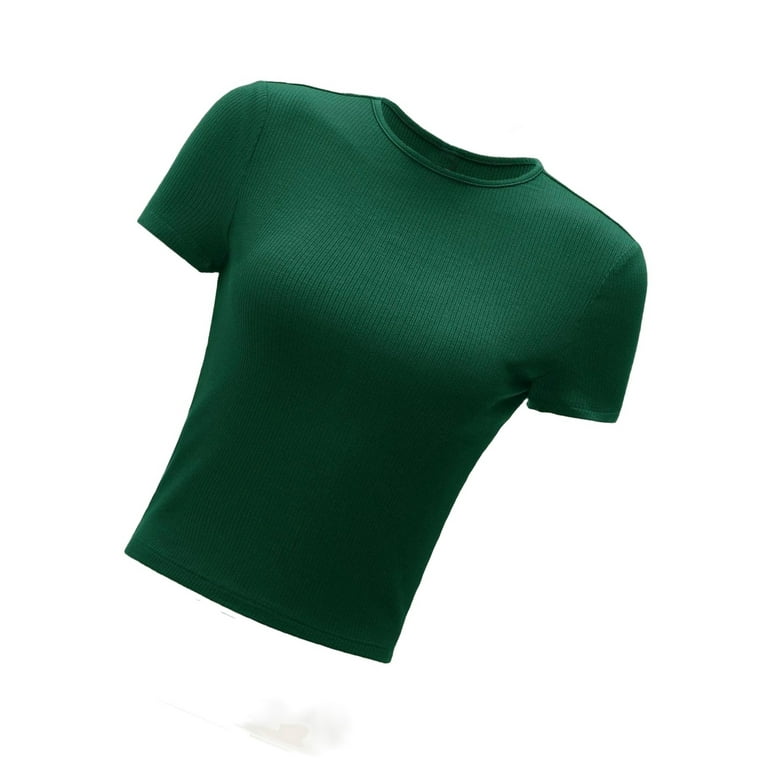 Casual Solid Round Neck Crop Tee Top Short Sleeve Dark Green Women 
