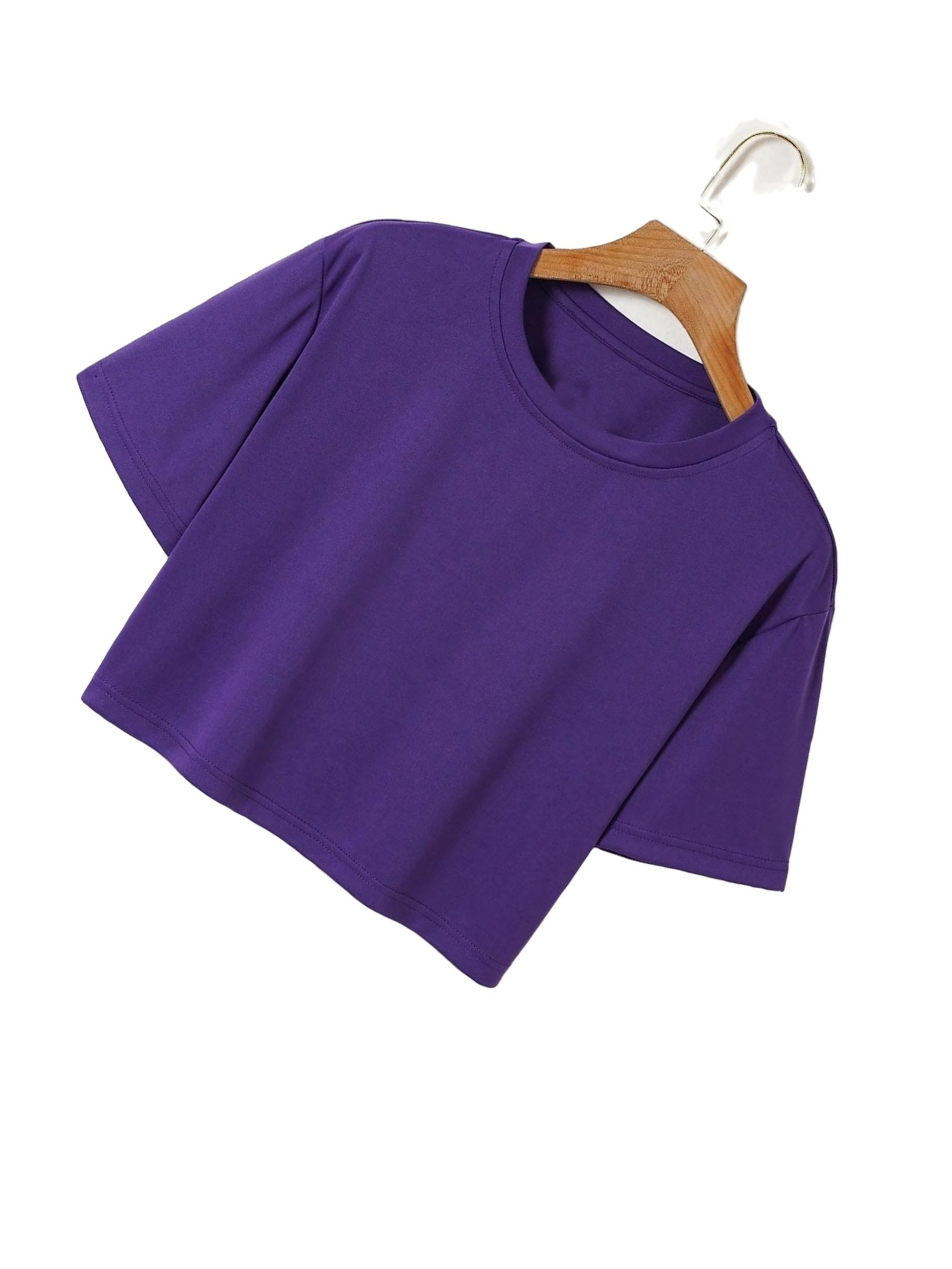 Casual Solid Round Neck Crop Tee Top Short Sleeve Purple Women T-Shirts  (Women's)