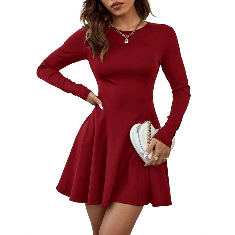 Casual Solid Round Neck Fit and Flare Dress Long Sleeve Burgundy (Women's  Dresses)