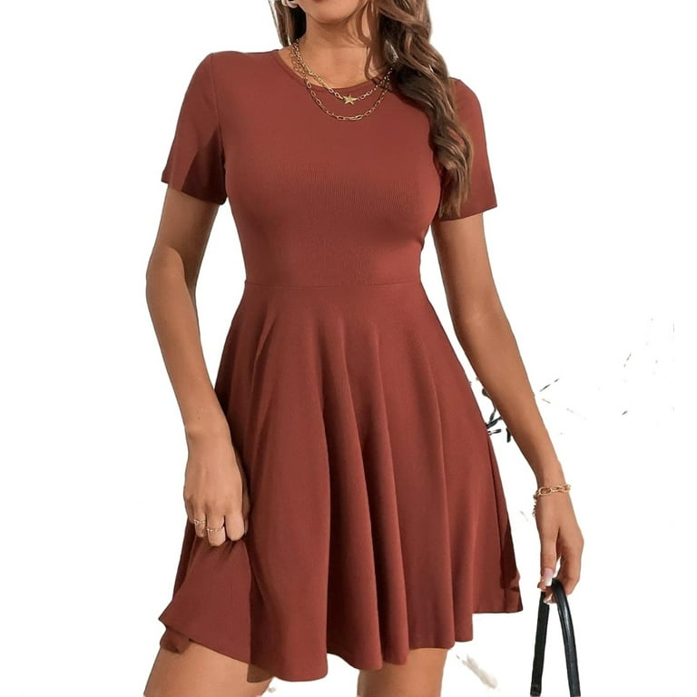 Casual Solid Round Neck Fit and Flare Redwood Women s Dresses