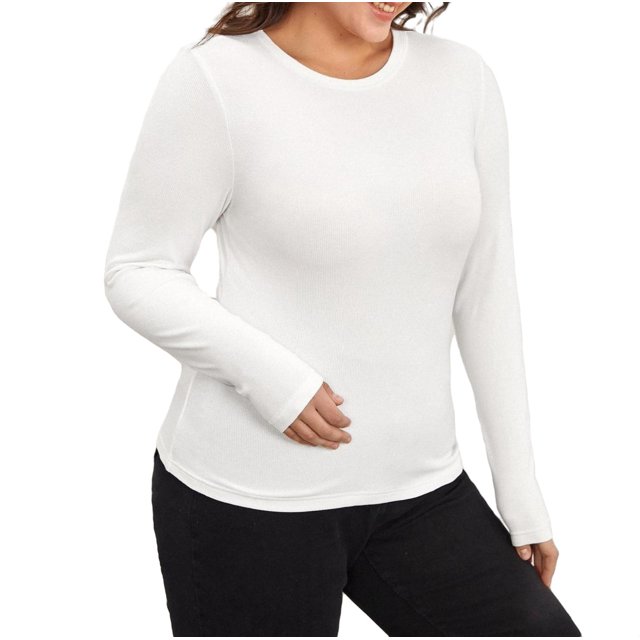 Casual Solid Round Neck Fitted Tee Long Sleeve White Plus Size Tshirts (Women's Plus)