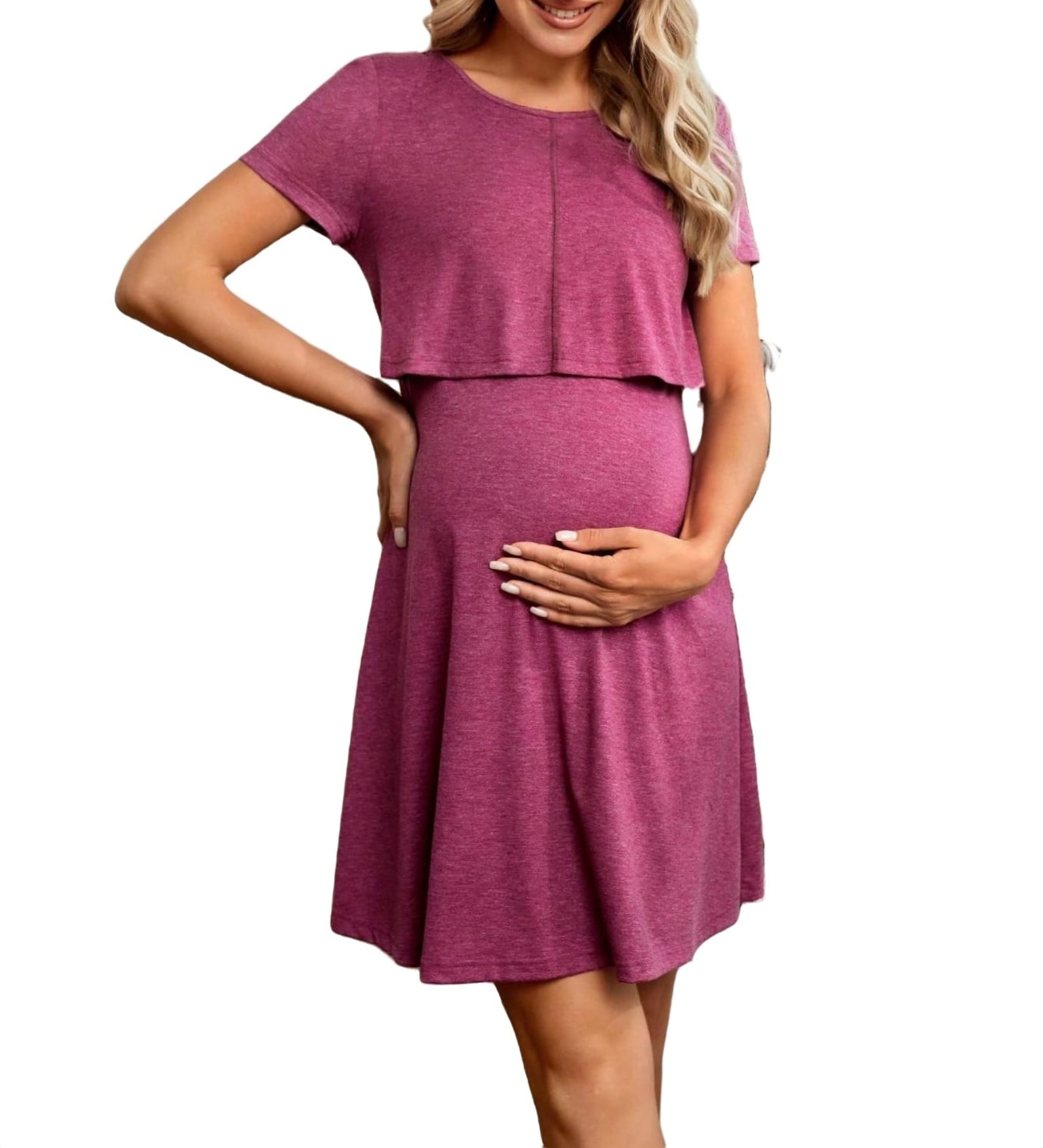 Casual Solid Round Neck Nursing Short Sleeve Burgundy Maternity Dresses