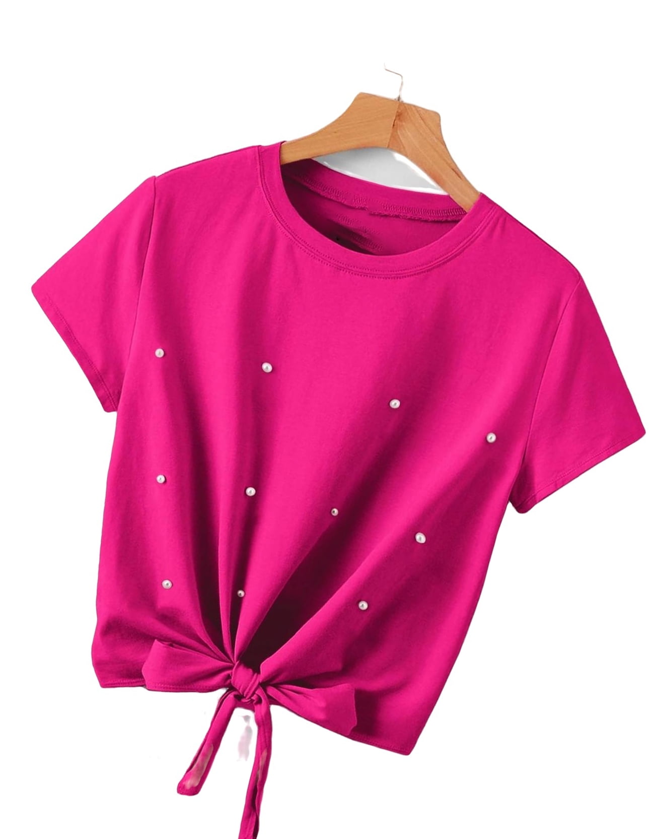 Casual Solid Round Neck Short Sleeve Hot Pink Plus Size Tshirts (Women