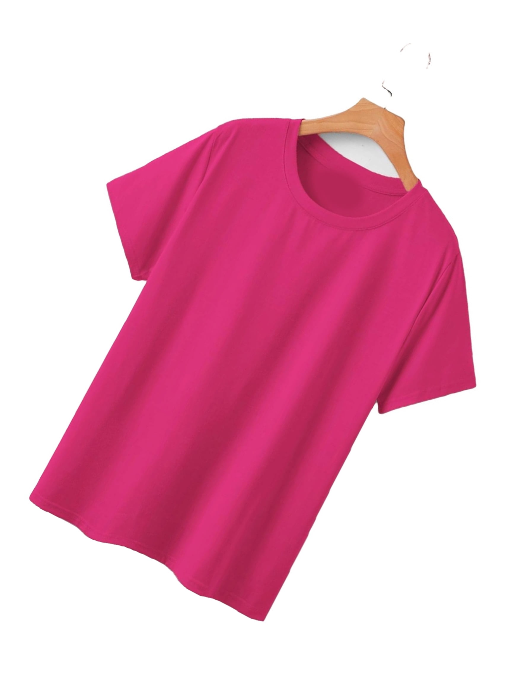 Casual Solid Round Neck Short Sleeve Hot Pink Womens TShirts (Women's