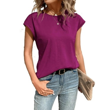 Casual Solid Round Neck Short Sleeve Red Violet Women T-Shirts (Women's)